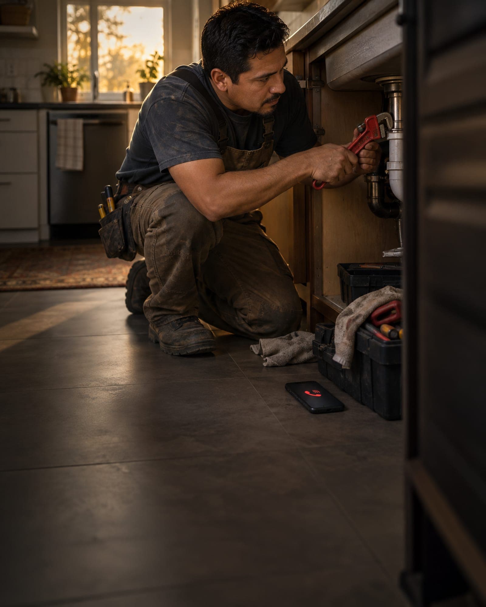 Plumber repairing a kitchen sink while a phone lies out of reach beside the toolbox