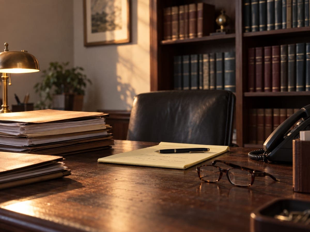 Law office desk with case files, a legal pad, glasses, and a phone