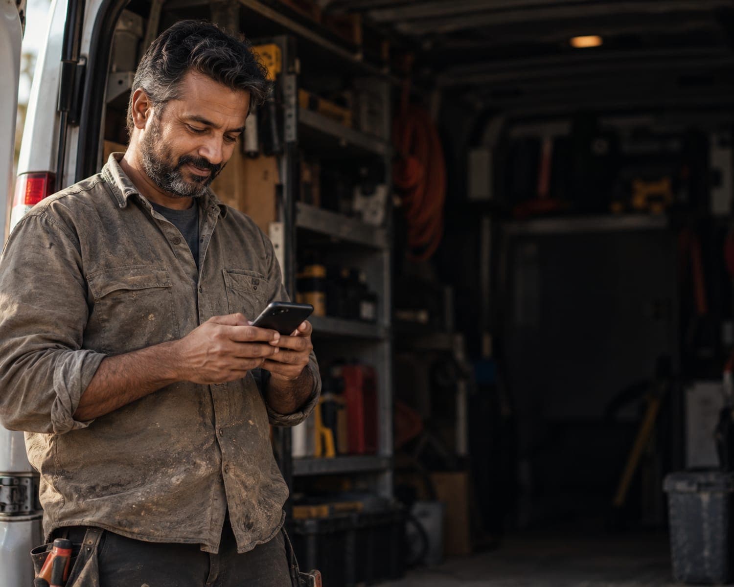 Business owner checking a phone beside the open back doors of a work van