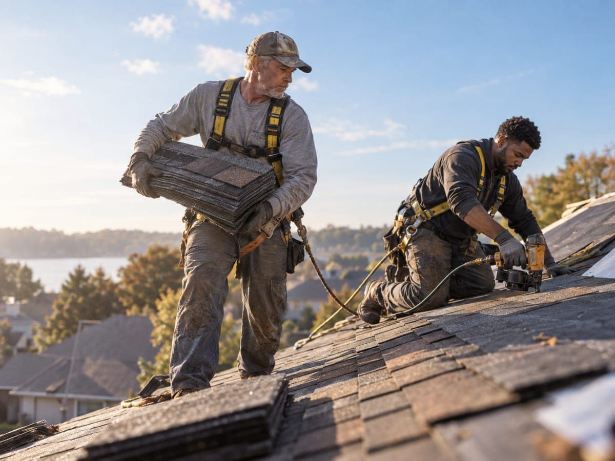 Two roofers installing shingles on a residential roof